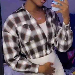 Plaid Long Sleeve Brown Plaid Blouses